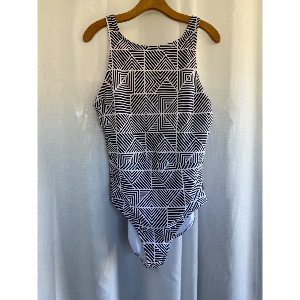 Cole of California Navy White Geometric High Neck One Piece Swimsuit Women's 14